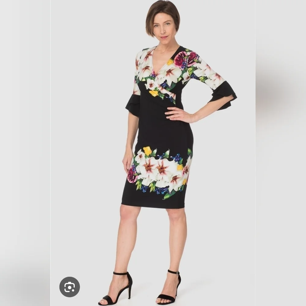 Joseph Ribkoff Floral Black Sheath Dress Women’s Size 10 Bell Sleeve V-Neck Midi